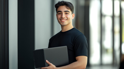 Smiling man with dark hair with black box in hands. Delivery guy. Office worker background