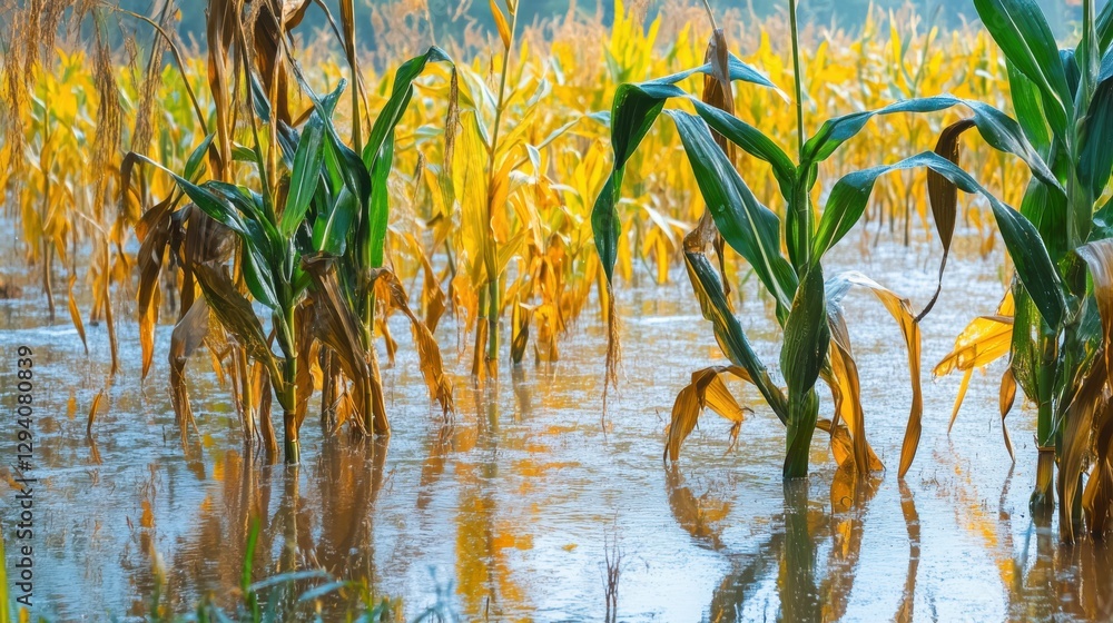 Crop Insurance. Flooded Cornfield with Dying Corn Plants in Standing ...
