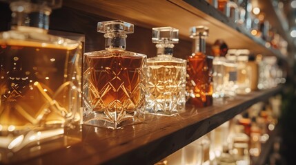 Aufkleber - A collection of ornate glass bottles arranged neatly on a wooden shelf, showcasing an array of amber and golden liquids within a refined setting, creating a luxurious ambiance.