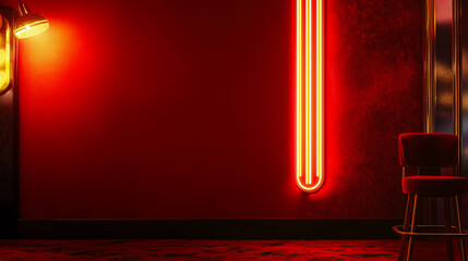 Fototapete - Empty wall in night club with red neon light design. Spotlight and light glowing copy space
