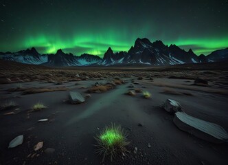 Wall Mural - A dark otherworldly landscape with sharp jagged mountains stretching into the distance