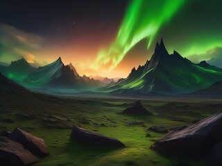 Wall Mural - An illustration of a dark otherworldly landscape with sharp jagged mountains stretching into the distance