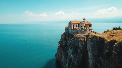 Wall Mural - Serene Church on a Cliffside Overlooking a Tranquil Lake