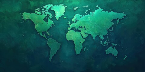 a green-toned world map illustration, emphasizing continents with a textured background for a modern