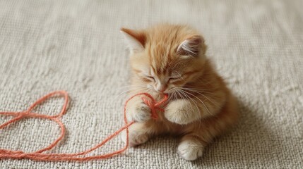 Wall Mural - A playful orange kitten is tugging at a piece of string on a textured surface, exuding cuteness and curiosity.