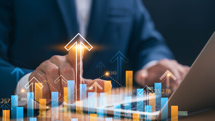 Poster - Financial growth and investment success, A businessman touches a digital financial chart with rising bar graphs and upward arrows, representing economic progress, business strategy, and market trends