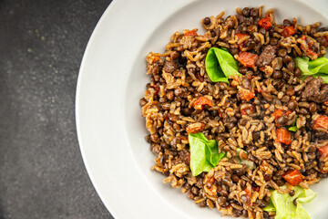 Wall Mural - Rice lentil and vegetables snack fresh tasty food dish vegetarian vegan food no meat delicious gourmet food background on the table rustic food top view copy space keto and paleo diet