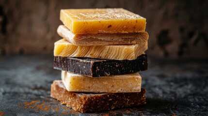 Poster - Several layers of artisanal soaps in different colors and textures are neatly stacked on a dark, textured surface, creating an attractive arrangement for anyone who appreciates craftsmanship.