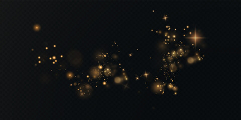 Wall Mural - Gold sparkling dust with gold sparkling stars on a transparent background.Glittering texture. Christmas effect for luxury greeting rich card. Gold dust PNG.	