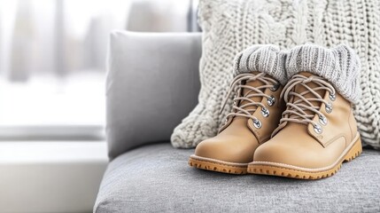 Sticker - Beige leather boots with laces rest on a gray pillow beside a vase of pampas grass in a bright modern living space