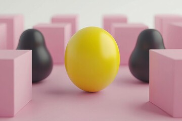 Wall Mural - ourstanding yellow sphere among pink boxes on pink background. minimal concept idea , isolated on wh