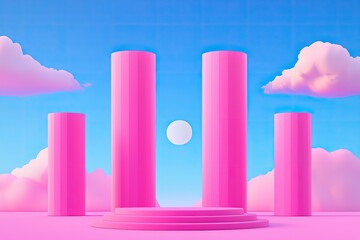 Wall Mural - Pink cylindrical podiums on a pastel pink platform against a vibrant blue sky with fluffy clouds and a white sun.