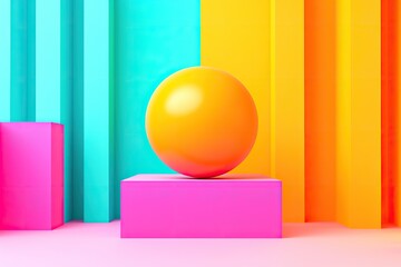 Wall Mural - vibrant orange sphere on pink platform against teal and orange striped background.