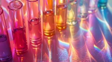 Aufkleber - A series of test tubes filled with various colored liquids are arranged to capture light, producing a dazzling array of reflections in a laboratory environment during twilight.