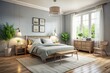 © Chansom - Cozy Minimalist Light Gray Bedroom - Vintage Style Interior Stock Photo