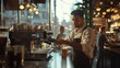 © RaptorWoman - A focused barista prepares coffee in a stylish cafe, with soft lighting and customers in the background.