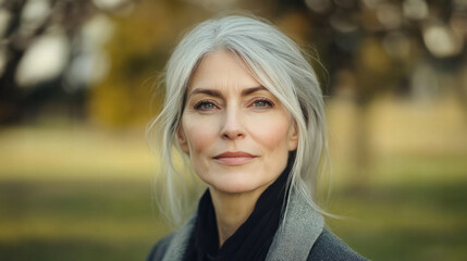 middle-aged woman with sleek hair stands confidently in a park during a sunny afternoon
