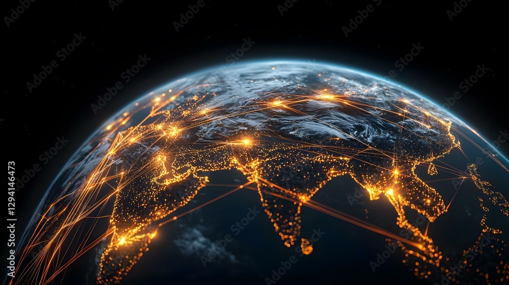 The image shows a stylized representation of Earth at night, with ...