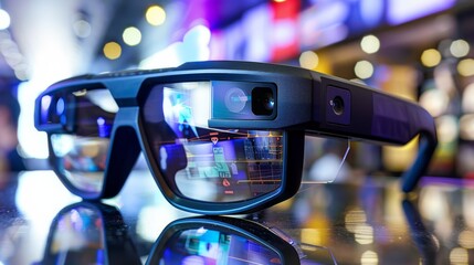 Aufkleber - Innovative smart glasses are displayed in a lively retail environment filled with colorful lighting and digital screens, emphasizing their advanced features and modern design.