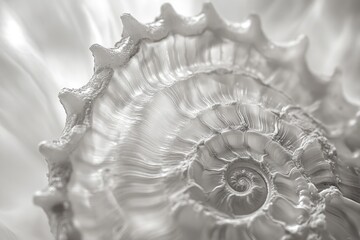 Canvas Print - Close-up of a spiraling seashell, showcasing intricate textures and delicate details in monochrome.