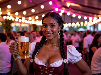 Bavarian waitress holding a beer mug smiling during oktoberfest celebration