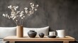 © 69 - Elegant Modern Minimalist Table Decor with Vases and Floral Arrangement against Dark Textured Wall