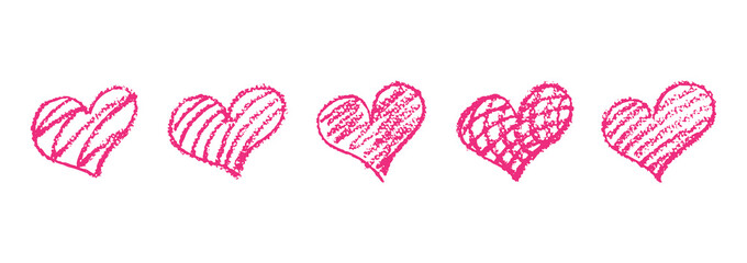 Wall Mural - set of pink hearts signs drawn by wax pencil. love symbols in doodle style. collection of hand drawn