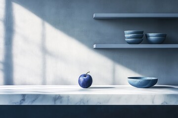 A single plum rests on a marble countertop, beneath minimalist blue shelves holding stacked bowls. 