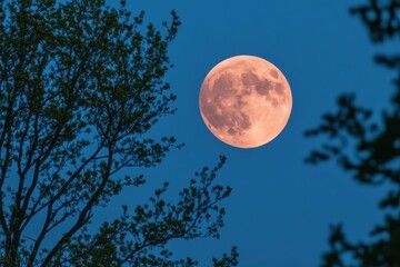 Wall Mural - Full Pink Moon Back Silhouette Night Sky. Celestial Beauty in Background