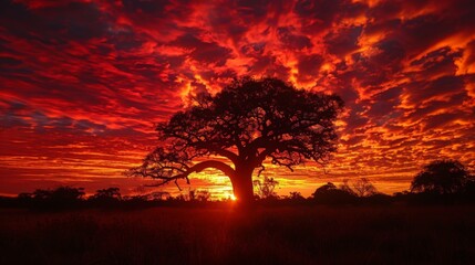 Poster - A vibrant orange and red sunset paints the sky behind a large, silhouetted tree, casting a striking profile against the colorful clouds in an African landscape at dusk.
