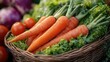 © The prominence - A basket full of fresh organic vegetables, including carrots, lettuce, and tomatoes, natural lighting