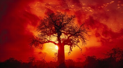Poster - A lone baobab tree stands tall as the sun sets, casting a dark silhouette against an expansive sky filled with brilliant reds and oranges above the calm savanna landscape.