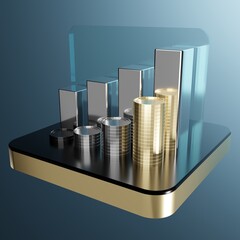 Wall Mural - Financial Growth Illustration: An abstract graphic showing a stacked bar chart next to a pile of coins on a golden base. The image conveys ideas of investment, financial growth, and economic concepts