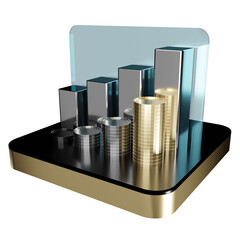 Wall Mural - Financial Growth Concept: A compelling 3D rendering that portrays financial growth, featuring stacks of coins and rising bar graphs on a minimalist platform.