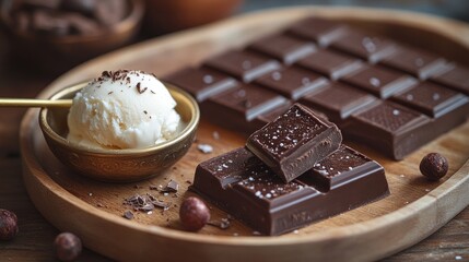 Wall Mural - A rustic wooden plate with pieces that each have a rum pairing: A little scoop of vanilla ice cream and a dark chocolate square in a pretty bowl with a golden spoon