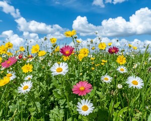 Poster - Vibrant Meadow Colorful Daisies and Wildflowers in Full Bloom Under a Sunny Sky With Fluffy Clouds.