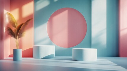 Fototapete - Bright hues of blue and pink fill the interior, with cylindrical seating and a palm plant enhancing the modern aesthetic. Sunlight casts gentle shadows, adding depth and warmth