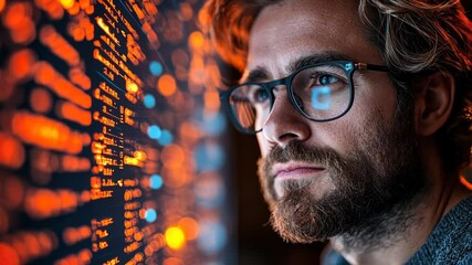 Focused Programmer:  A Man Contemplating Code Before a Glowing Screen