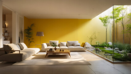 Poster - Modern living room with large windows and indoor garden creating a bright, serene atmosphere