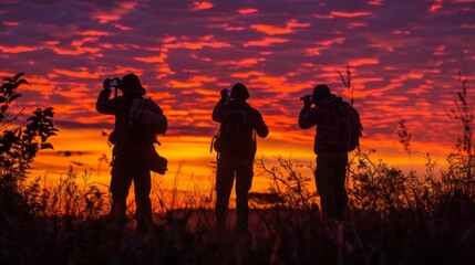 Poster - Three photographers stand silhouetted against a spectacular sunset, holding cameras and focused on the dramatic colorful sky filled with clouds, as twilight envelops the landscape.