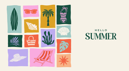 summer backgrounds, pattern, cards, banner templates. hand drawn modern illustrations, doodles with 