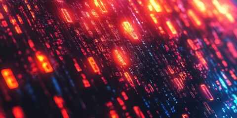 Digital Data Stream: A vibrant display of digital data streams across a surface, with glowing red and blue light creating a mesmerizing and futuristic abstract background. 