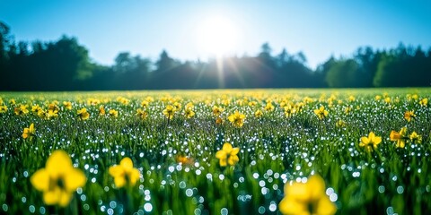 Poster - Spring Meadow, Yellow Daffodils Blooming in Morning Sunlight, Dew Drops, Bokeh, Blue Sky