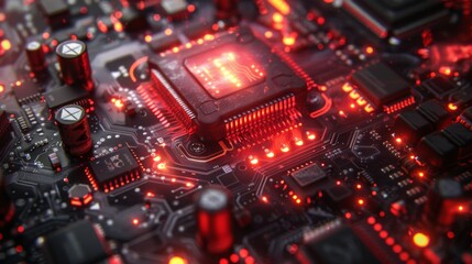 Leinwandbilder - A close up view reveals a complex circuit board illuminated by red lights, with various electronic components interconnected, exemplifying modern engineering and technology.