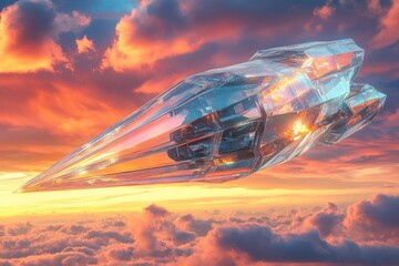 Futuristic crystal spaceship soaring through vibrant clouds at sunset over a serene horizon