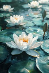 Wall Mural - Serene water lily pond with white blossoms and floating green leaves in tranquil turquoise water