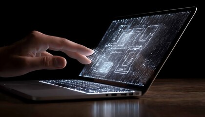 A finger is interacting with a laptop screen and its design