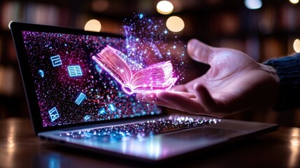 Glowing laptop or notebook computer screen displaying sparkling flowing data and digital energy  Concept of technology innovation connectivity and the future of computing