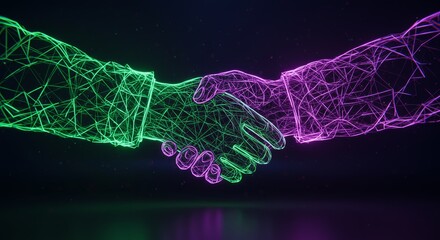 Wall Mural - neon hands partnership abstract visualization - symbolizing collaboration, connection, synergy, agre