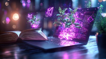 Wall Mural - Mesmerizing digital landscape featuring a glowing laptop computer and an enchanted illuminated book resting on a wooden desk surrounded by lush fantastical plants and an ethereal mystical atmosphere